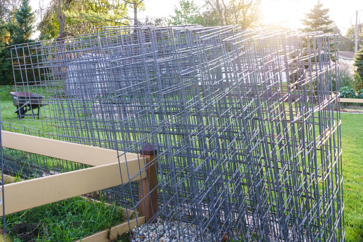 Trellises stacked for storage